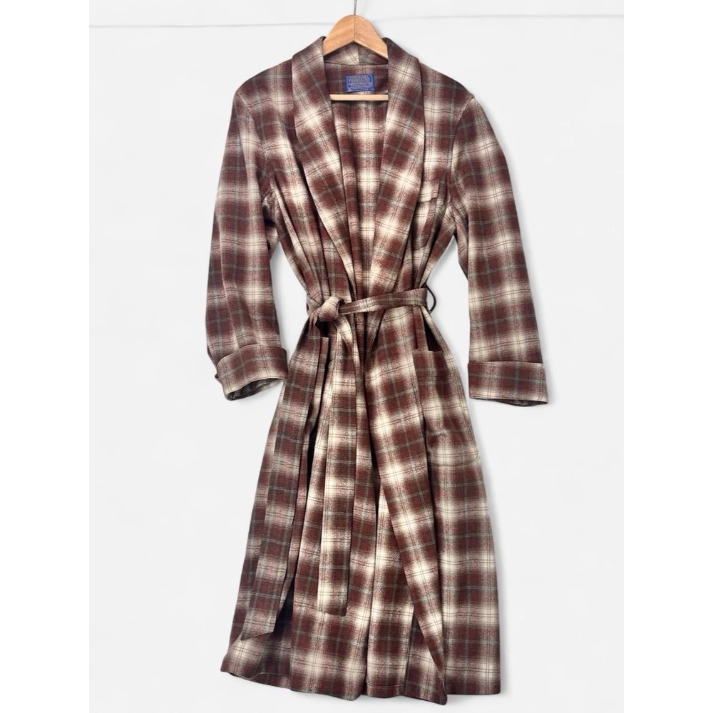 Vintage 70s Pendleton Virgin Wool Plaid Rust Brown Belted House Coat Robe Mens M
